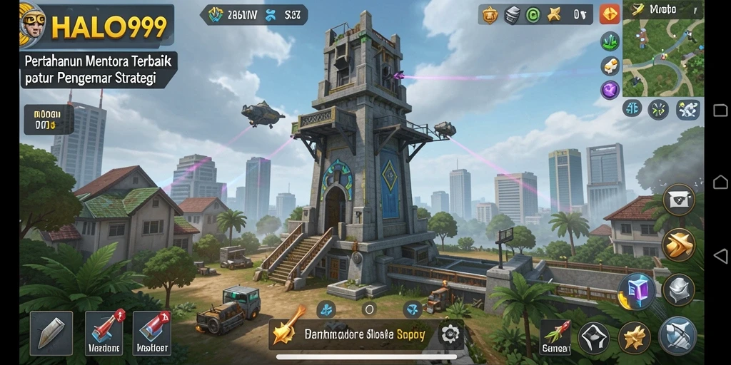 Screenshot gameplay HALO99 menampilkan aksi menakjubkan dalam Tower Defense.