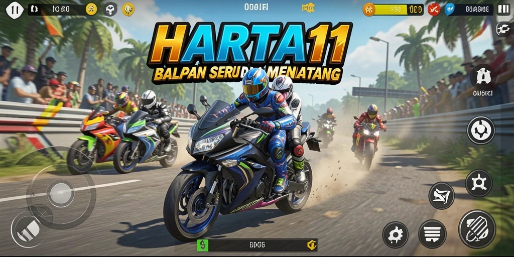 Screenshot HARTA11 menunjukkan aksi balapan motor yang intens.