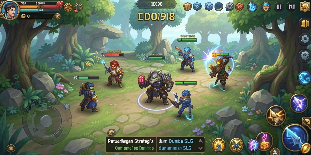 Screenshot ID098 menampilkan aksi pertempuran strategis dalam gameplay SLG.
