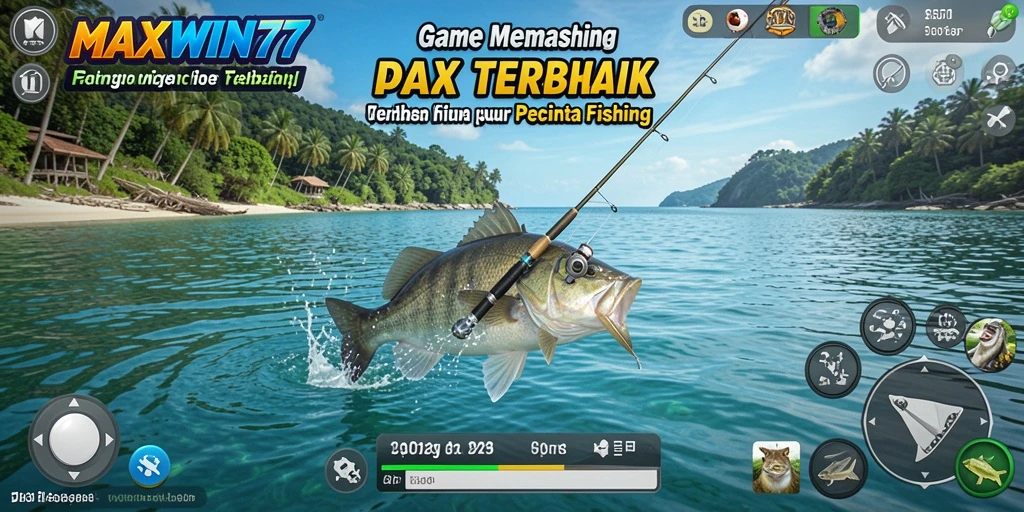 Tampilan gameplay <strong>MAXWIN77</strong> yang menampilkan aksi memancing seru di laut.