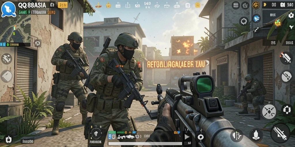 Screenshot gameplay seru dari QQ88ASIA yang menunjukkan aksi FPS intens.