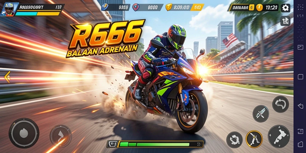 Tangkapan layar gameplay RR666 menampilkan balapan motor menegangkan di trek yang menantang.