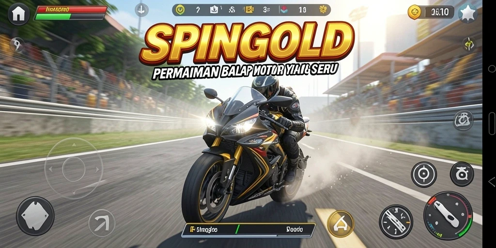 Tampilan gameplay SPINGOLD dengan aksi balap motor yang menegangkan.